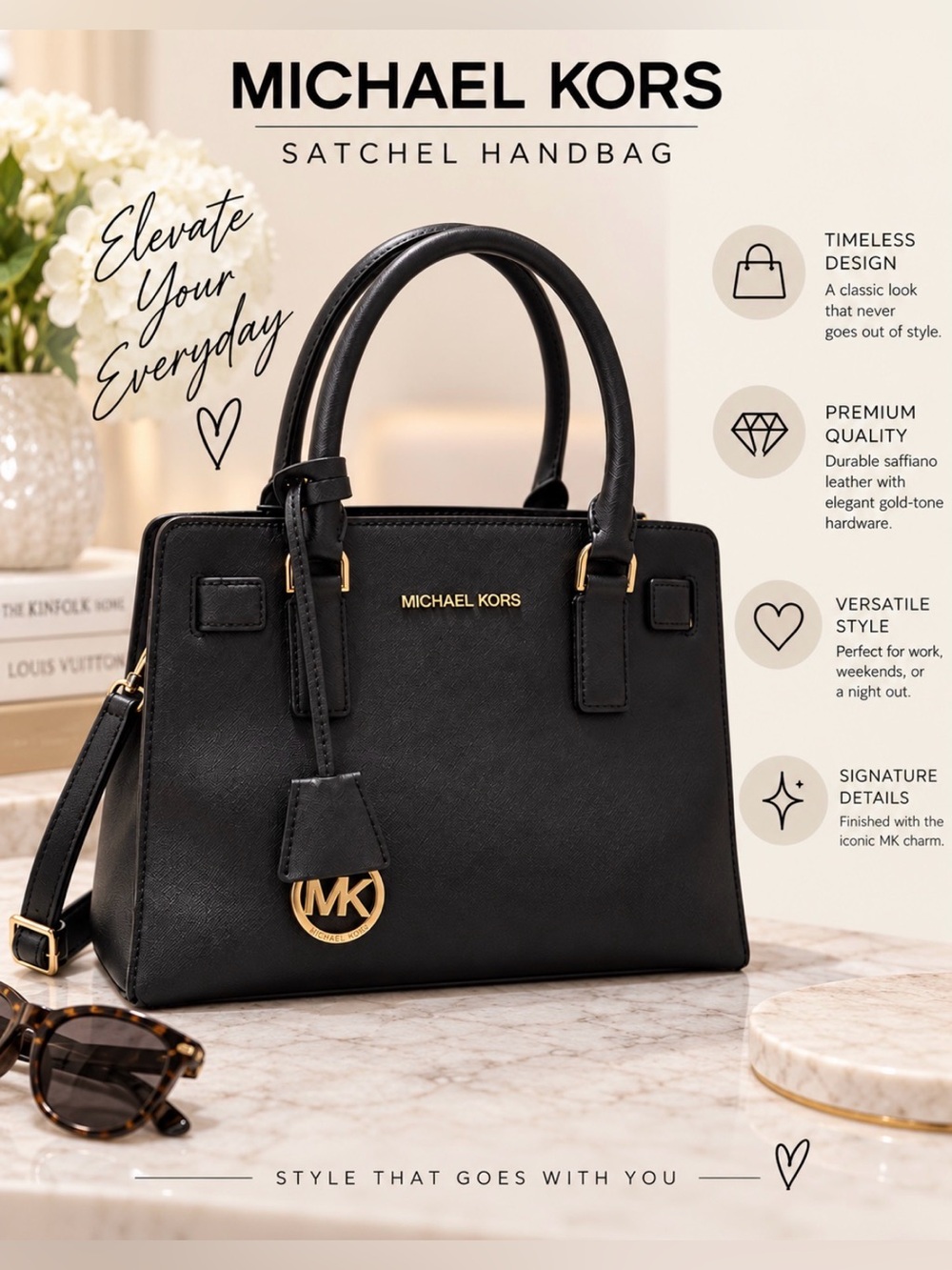 Michael Kors Black Leather Satchel with Gold Hardware